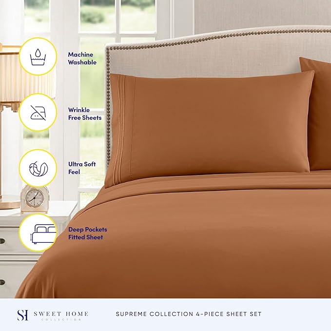 Queen Size Bed Sheets - Breathable Luxury Sheets with Full Elastic & Secure Corner Straps Built In - 1800 Supreme Collection Extra Soft Deep Pocket Bedding Set, Sheet Set, Queen, Mocha