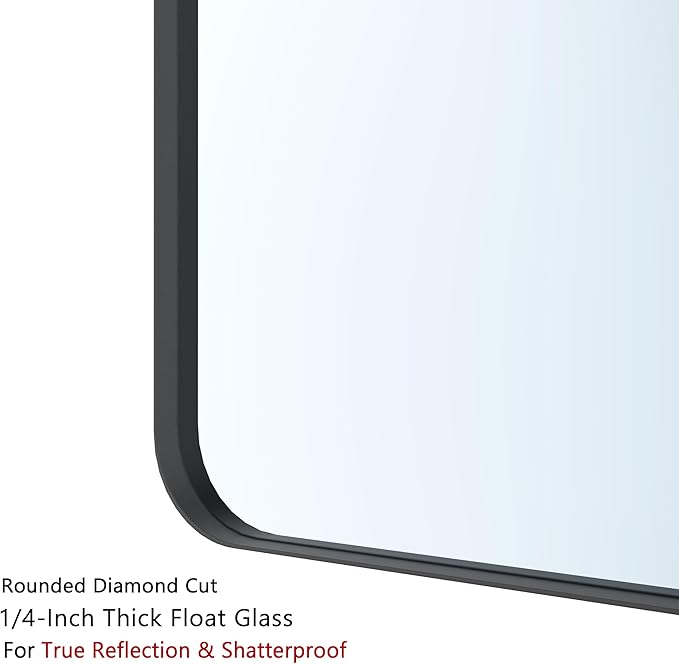 VocalStar 48 x 32 Inch Black Metal Framed Bathroom Mirror for Wall, Large Rounded Rectangle Matte Black Bathroom Vanity Mirror Farmhouse, 1/4-inch Shatterproof Glass | Ultra-Flush Hanging