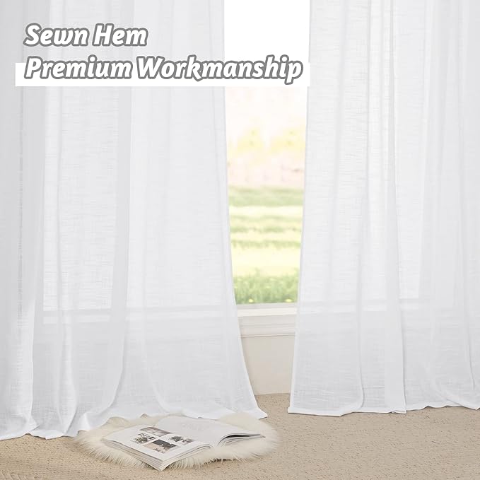 RYB HOME White Curtains Sheer - Linen Textured Privacy Curtains for Bedroom Privacy Windows Decor, Natural Light Flirt Panels for Patio Sliding Door Living Room, W 52 x L 95, 1 Pair
