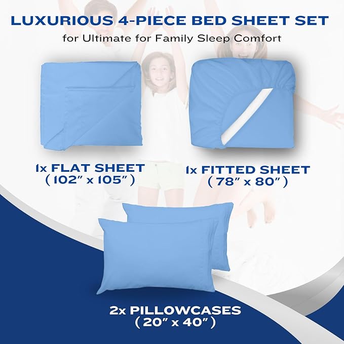 DREAMCARE Full Size Sheets - Cooling Bed Sheets - 4pcs Set - up to 15" Deep Pocket Full Sheet Set - Sheets Full Size Bed - Soft & Long Lasting 100% Fine Brushed Polyester with Side Pocket - LightBlue