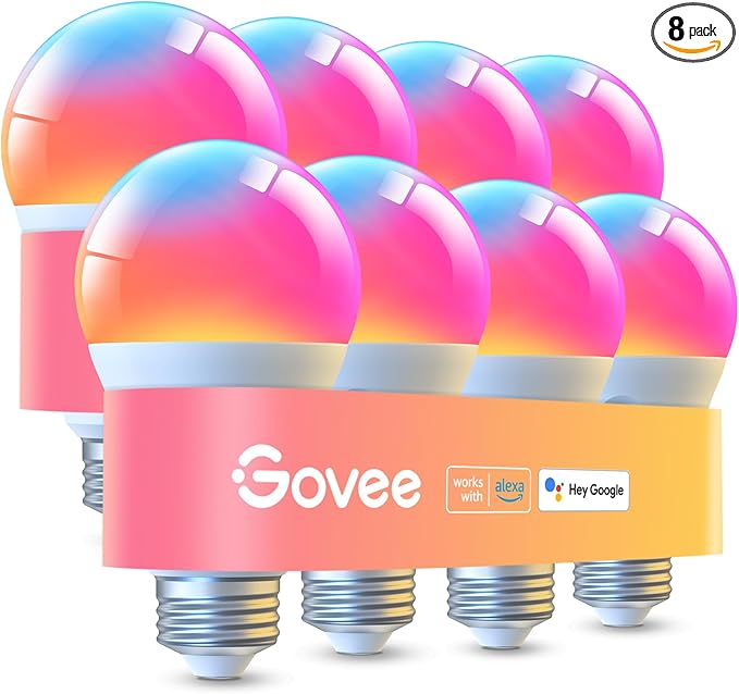 Govee LED Smart Light Bulbs, 1000LM Color Changing Light Bulb, Wi-Fi & Bluetooth Light Bulbs, Work with Alexa and Google Assistant, Dimmable RGBWW A19 75W Equivalent Smart Bulbs, 8 Pack