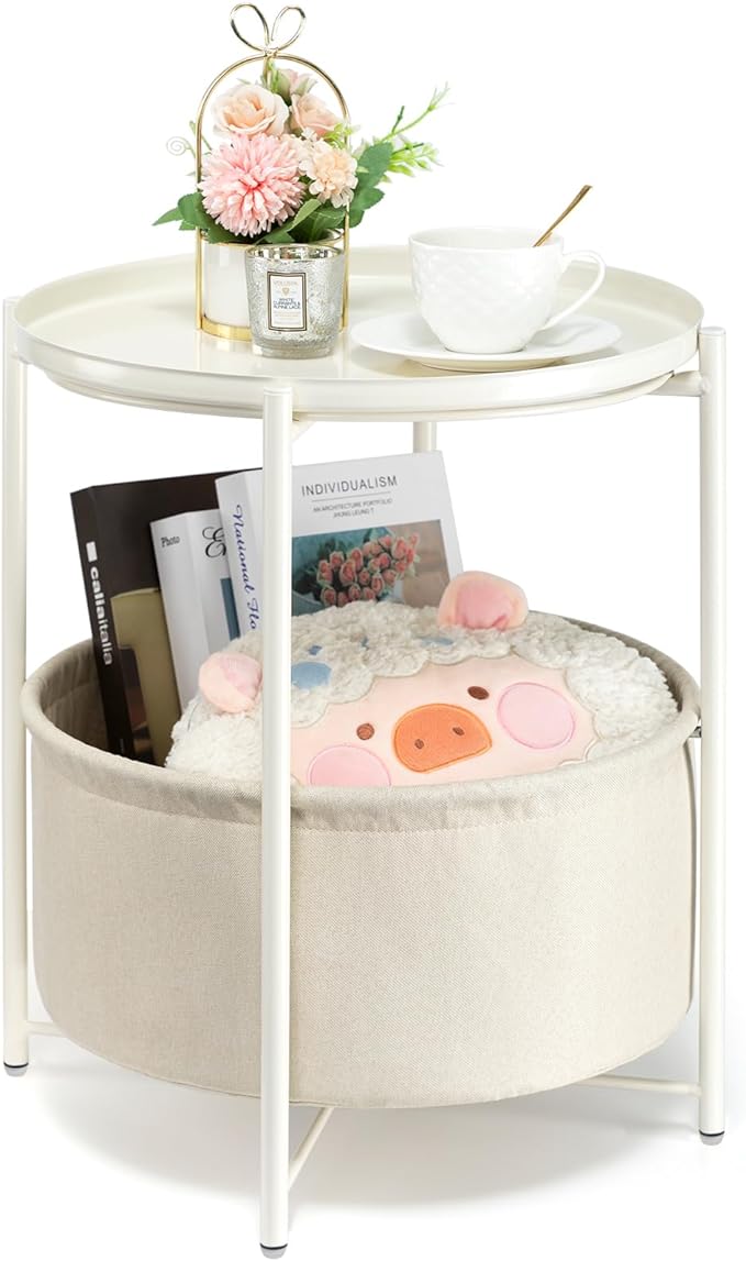 danpinera Round Side Table with Fabric Storage Basket, Metal Side Table Small Bedside Nightstand with Removable Tray Top for Living Room, Bedroom, Nursery, Laundry, White