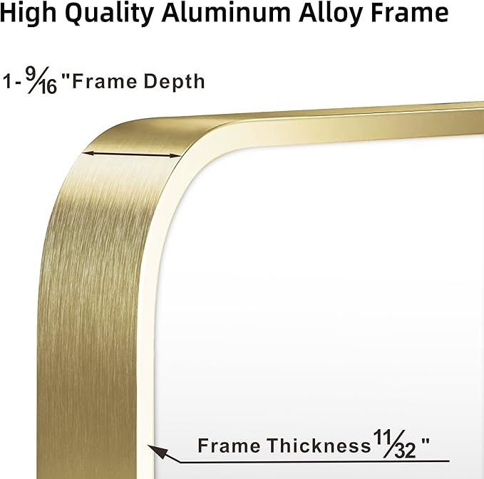 24"x30" Brushed Bright Gold Metal Framed Rounded Rectangle Mirror, Gold Wall Mounted Mirrors for Bathroom Entryway Vanity Living Room Bedroom, Vertical or Horizontal