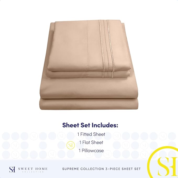 Twin Sheets - Breathable Luxury Sheets with Full Elastic & Secure Corner Straps Built In - 1800 Supreme Collection Extra Soft Deep Pocket Bedding Set, Sheet Set, Twin, Taupe