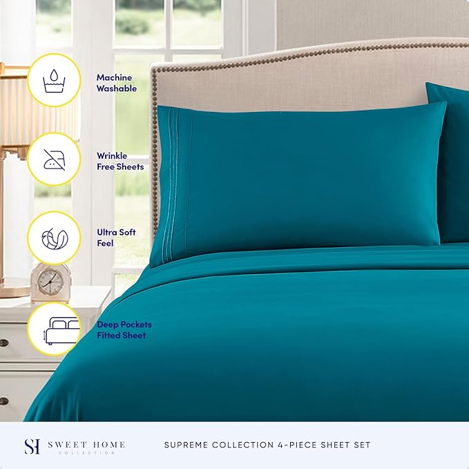 1800 Supreme Collection - Breathable Luxury Full Size Sheet Set with Full Elastic & Secure Corner Straps Built In, Extra Soft Deep Pocket Bedding Set, Teal