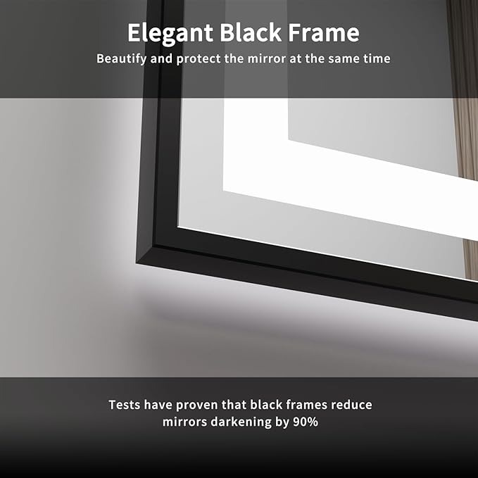 LED Bathroom Mirror, 28x36 Inch Black Framed Gradient Front and Backlit Bathroom Mirror with Lights, 3 Colors Dimmable CRI>90, Enhanced Anti-Fog Wall Mounted LED Mirror for Bathroom