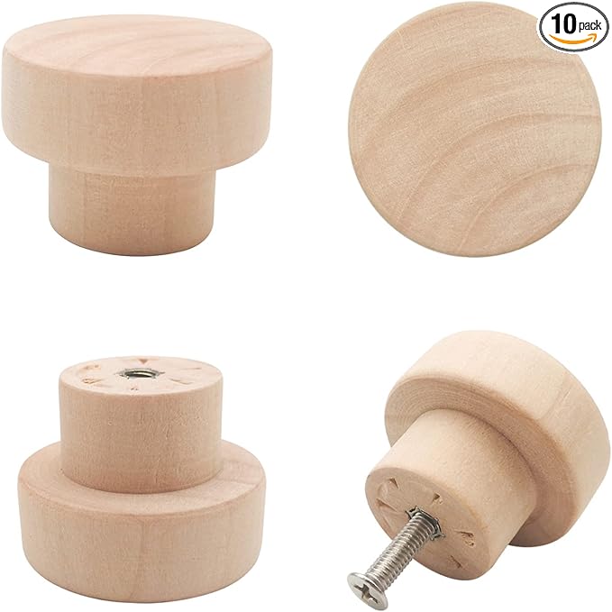 10PCS Wood Knobs Flat Top Round Cabinet Knobs 1.39"(35mm) Unfinished Wooden Dresser Drawer Pulls Kitchen Cabinet Handles