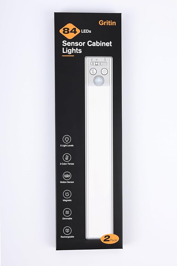 Gritin 10.2inch Under Cabinet Lighting Rechargeable -84 LED Super Bright,3-Color& 5 Level Brightness,4 Modes,Motion Sensor, Long Lasting- Easy Installation Magnetic Closet Lights -2 Pack-Black