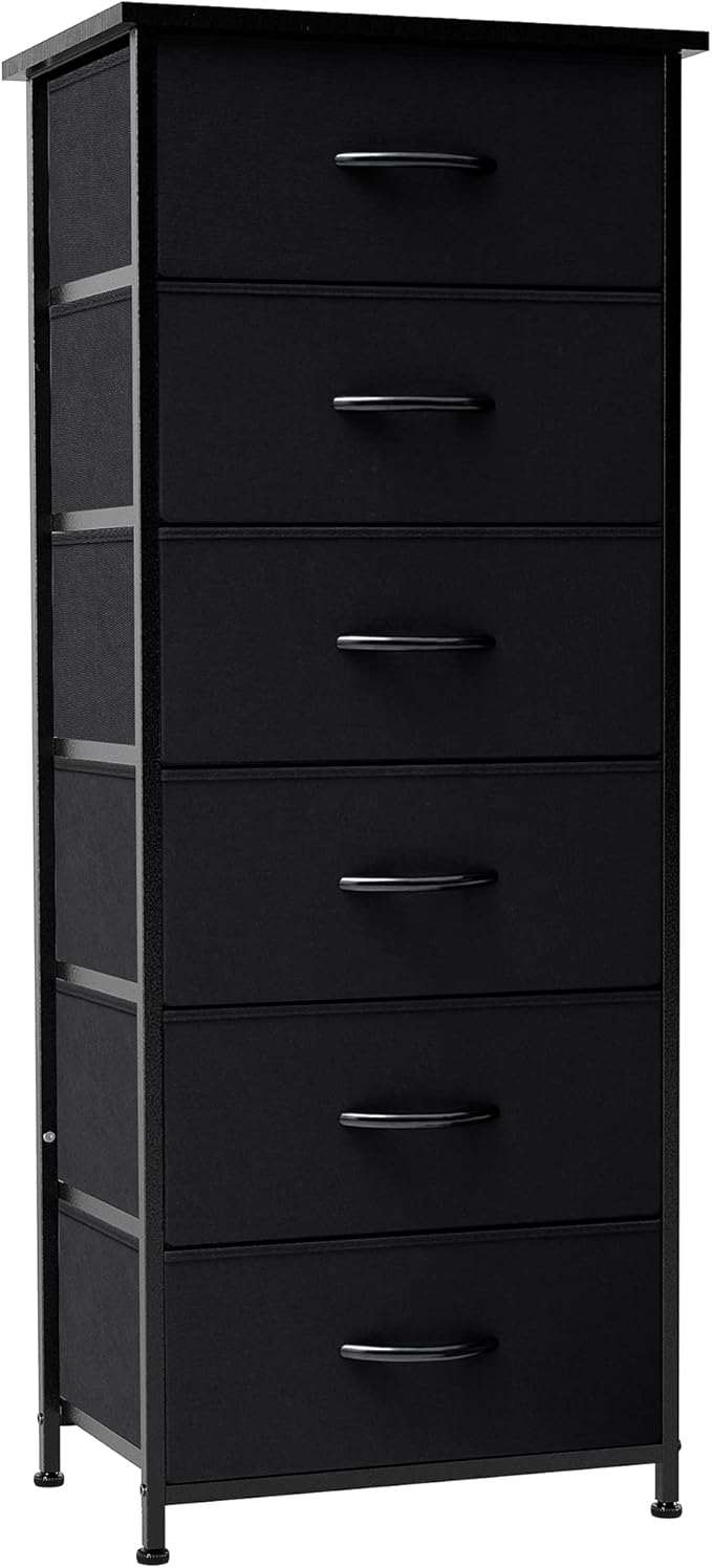 Crestlive Products Vertical Dresser Storage Tower - Sturdy Steel Frame, Wood Top, Easy Pull Fabric Bins, Wood Handles - Organizer Unit for Bedroom, Hallway, Entryway, Closets - 6 Drawers (Black)