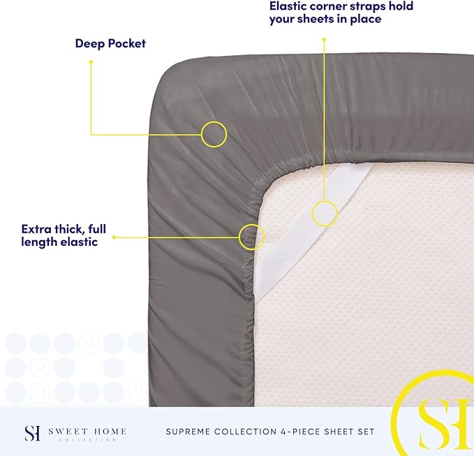 Queen Size Bed Sheets - Breathable Luxury Sheets with Full Elastic & Secure Corner Straps Built In - 1800 Supreme Collection Extra Soft Deep Pocket Bedding, Sheet Set, EXTRA DEEP pocket - Queen, Gray