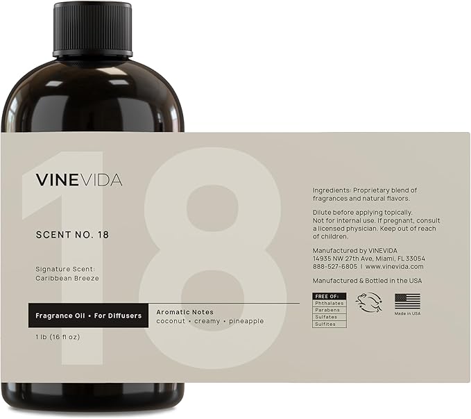 VINEVIDA Caribbean Breeze Fragrance Oil for Cold Air Diffusers - (16 Fl Oz) - Essential Oils for Diffuser Oil Refill & Air Freshener Room Spray