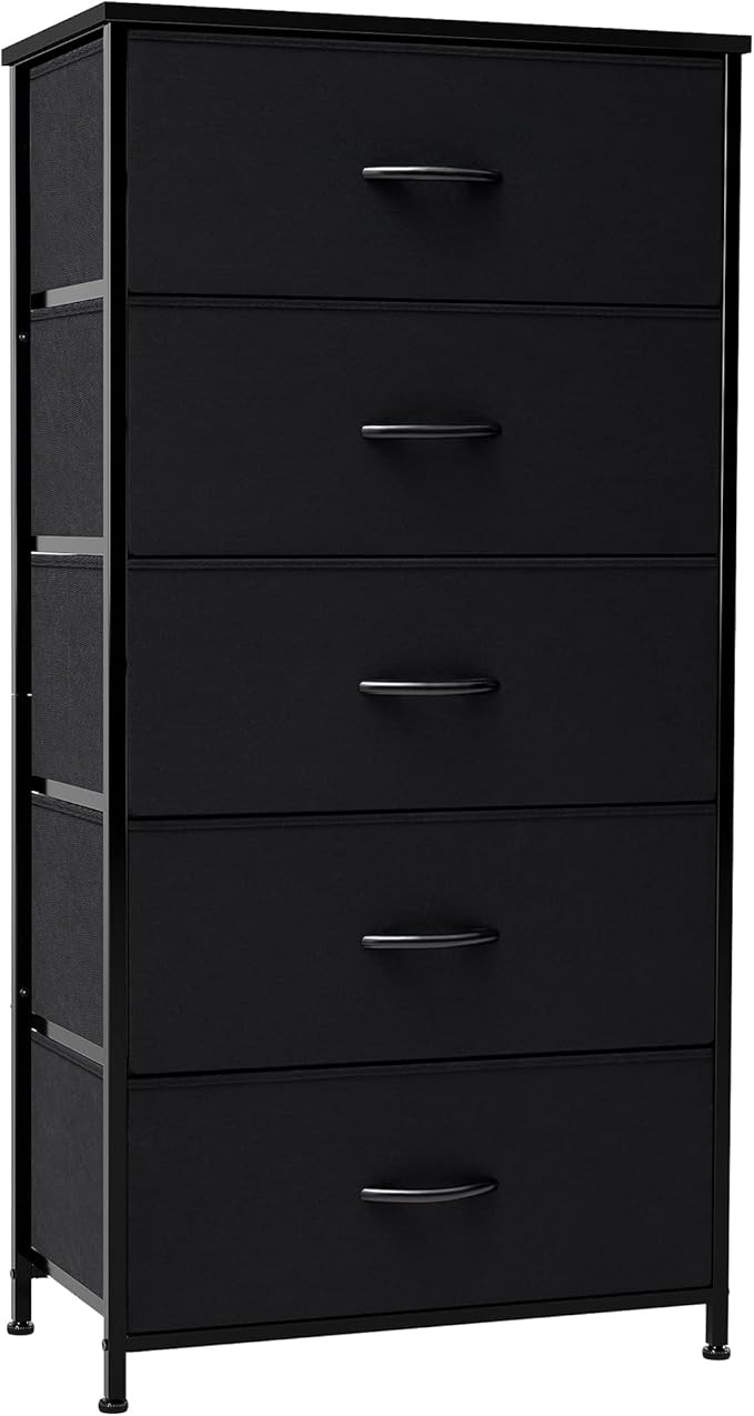 Crestlive Products Vertical Dresser Storage Tower - Sturdy Steel Frame, Wood Top, Easy Pull Fabric Bins - Wide Organizer Unit for Bedroom, Hallway, Entryway, Closets - 5 Drawers(Black)