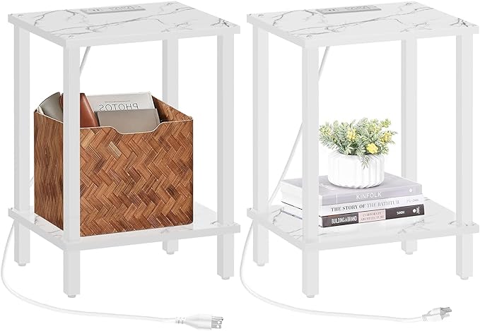 TUTOTAK End Table with Charging Station, Set of 2, Small Side Table, Nightstand Bedside Table, 2-Tier Storage Shelf for Small Space, Living Room, Bedroom, Marble White TB01BMW041