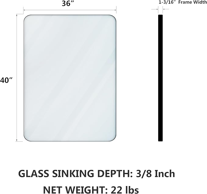 VocalStar Black Metal Framed Bathroom Mirror for Wall, 36 x 40 Inch Large Rounded Rectangle Matte Black Bathroom Vanity Mirror Farmhouse, 1/4-inch Shatterproof Glass | Ultra-Flush Hanging
