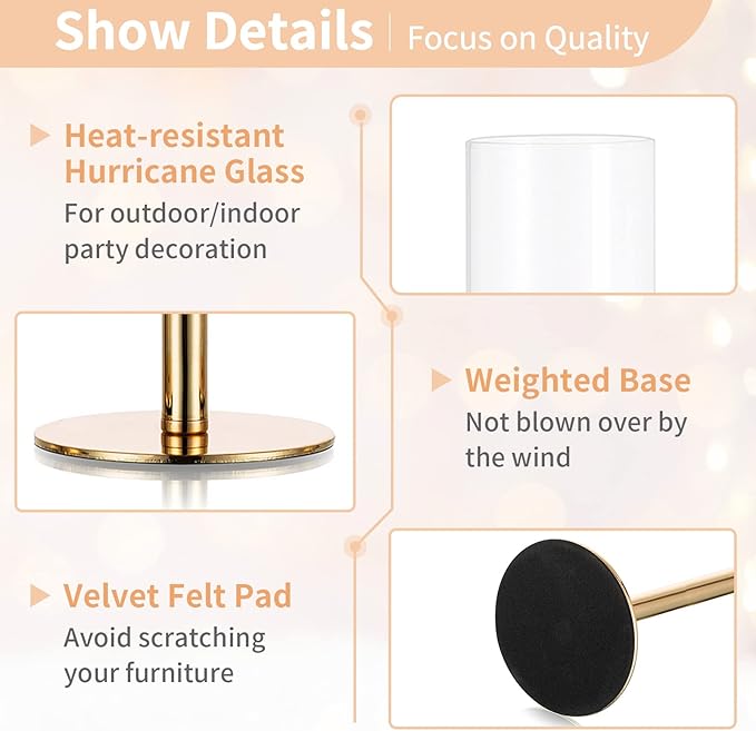 Nuptio Gold Candlestick Holder Tall Hurricane Candle Holder Set of 3 Taper Candle Holders Candle Stand Glass Cover Candlesticks Holders Table Centerpiece for Wedding Party Birthday Christmas Decor