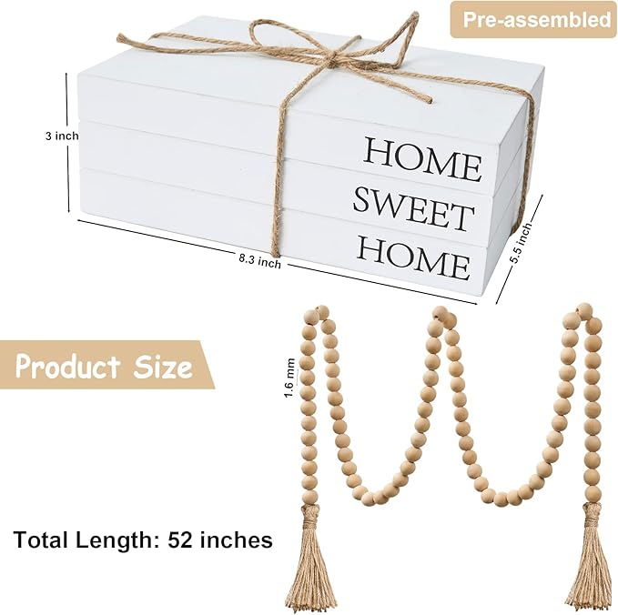 Decorative Books for Home Decor, White Faux Books for Decoration, Rustic Farmhouse Stacked Display Books with 52in Wood Bead Garland for Coffee Tables Living Room, (Home Sweet Home)