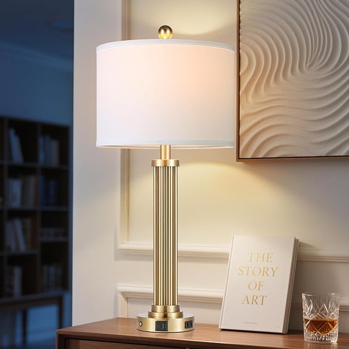 28" Tall Modern Table Lamps Set of 2 with USB C+A Ports and AC Outlet, 3 Way Touch Metal Bedside Lamps for Living Room, Gold Nightstand Lamps for Bedroom