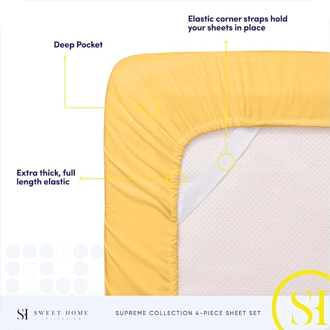 1800 Supreme Collection - Breathable Luxury California King Sheet Set with Full Elastic & Secure Corner Straps Built In, Cal King Deep Pocket Bedding, Yellow