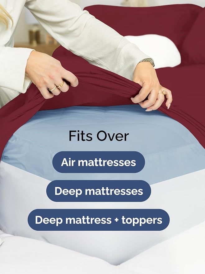 Extra Deep Split King Sheet Set - 7 Piece Breathable and Cooling Sheets - Hotel Luxury Bed Sheets Set - Easy Fit - Soft, Wrinkle Free and Comfy Sheets Set - Burgundy Sheet Set with Extra Deep Pockets