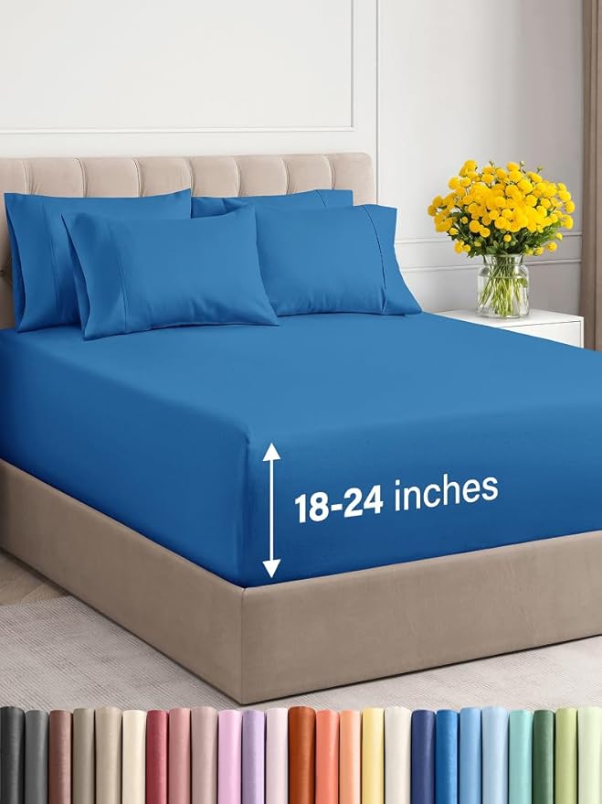 Extra Deep Full Sheet Set - 6 Piece Breathable & Cooling Sheets - Hotel Luxury Bed Sheets Set - Easy & Secure Fit - Soft, Wrinkle Free & Comfy Sheets Set - Royal Blue Sheet Set with Extra Deep Pockets