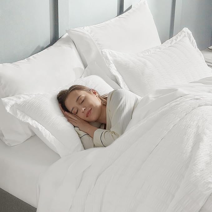 CozyLux California King Comforter Set with Sheets 7 Pieces, White Seersucker Bed in a Bag Cal King Luxury Soft Bedding Sets with Down Alternative Comforter, Sheets, Pillowcases & Shams for All Season