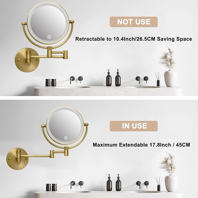 Make up Mirror Wall Mounted Lighted 10X Magnifying Hard Wired, Double Sides 3 Color Lighting Touch Dimming, 360 Swivel Extended Arm Shaving Light up Mirror for Bathroom, Antique Brass