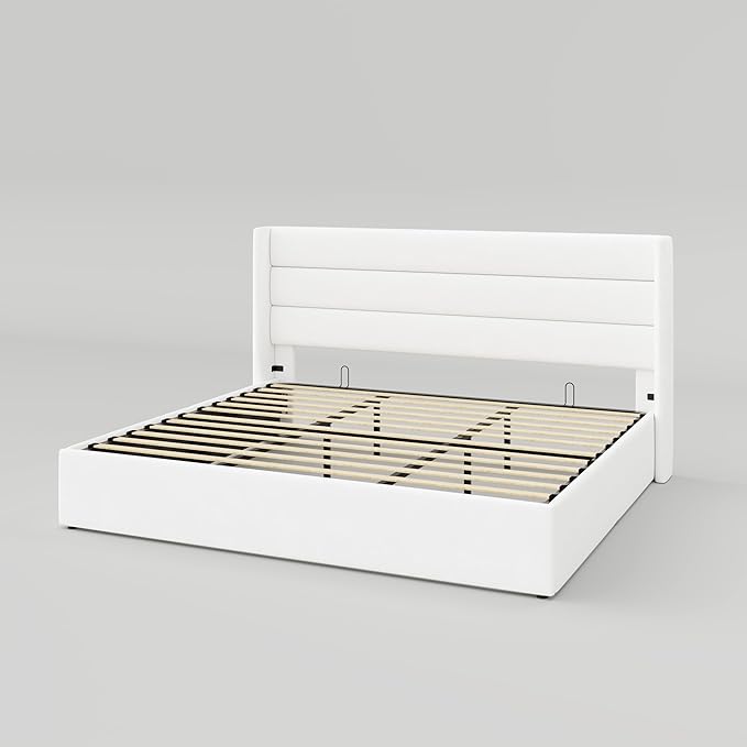 Allewie King Size Velvet Lift Up Storage Bed, Modern Wingback Headboard, Hydraulic Support, No Box Spring Needed, White