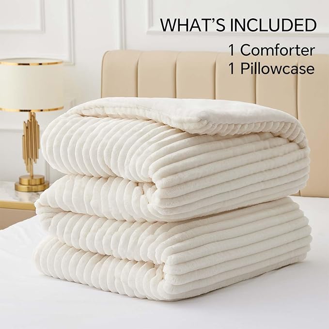 BEDELITE Fleece Twin Comforter Set -Super Soft & Warm Fluffy Cream White Bedding, Luxury Fuzzy Heavy Bed Set for Winter with 1 Pillow case