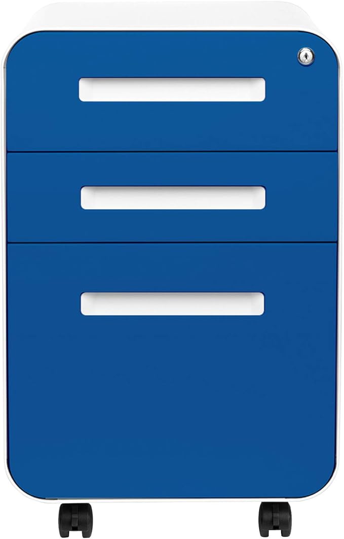 Laura Davidson Furniture Stockpile 3 Drawer File Cabinet with Lock - Under Office Desk Metal Filing Cabinet, Legal/Letter File Folders, Wheels and Stationary Feet, Pre-Assembled, Blue Faceplate