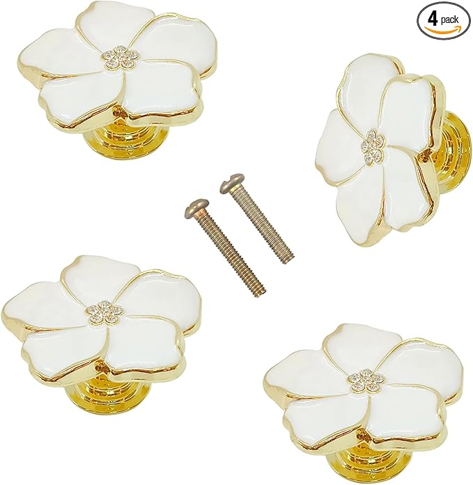 4 White Flower Petal Handles Kitchen Cabinet Knobs & Drawer Pulls (Gold, 8 Screws)
