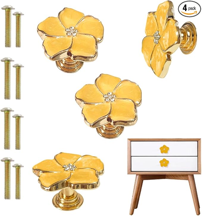 4 pcs Petal Knob Handle Unique Zinc Alloy Flower Shape Single Hole Knob Handle for Cabinets,Drawers, Wardrobes Furniture Decoration(Yellow)