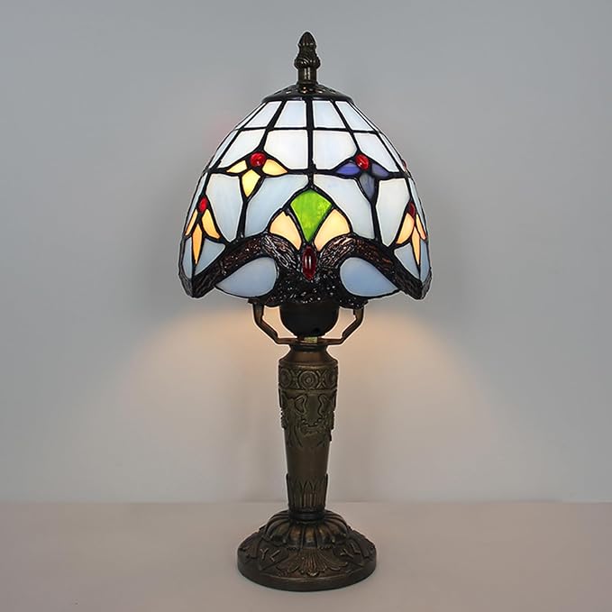 Tiffany Small Lamp Blue Baroque Stained Glass Table Lamp 3 Way Color-Temparetures Bedside Nightstand Table Lamps for Bedroom Living Room Home Office Desk Light W/LED Bulb 6X6X12.5Inch