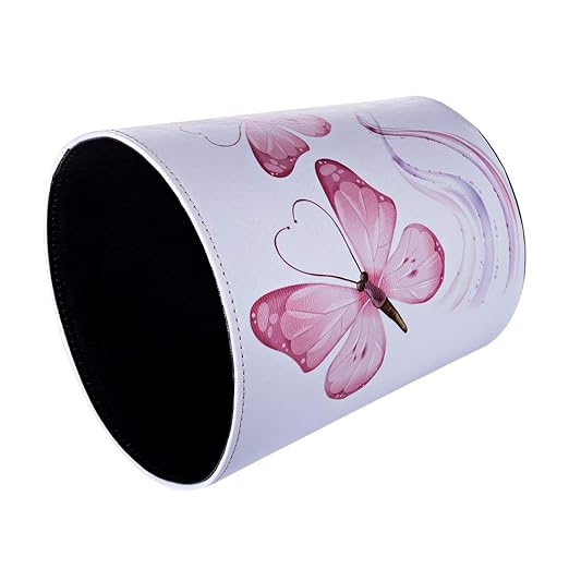 10L/2.64 Gallon PU Leather Trash Can Decorative Waterproof Wastebasket Paper Basket Garbage Bin for Home Office Bathroom - Pink Butterfly