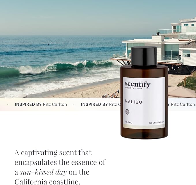Scentify Malibu Aroma Oil Refill Scent for Oil Diffusers - Lemon, White Tea, Thyme, Cedar, Musk Scents - Luxurious Relaxing Aromatherapy Diffuser Fragrance 100ml, 3.38 oz