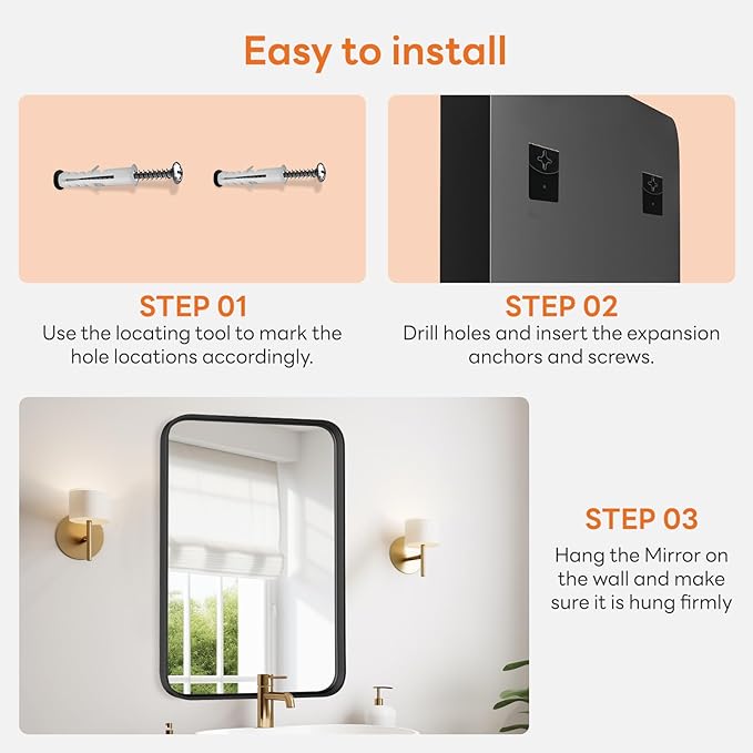 Bathroom Mirror 30x22 Inch Black Metal Framed Rounded Rectangle Vanity Mirror for Wall, Over Sink, Farmhouse, Restroom, Anti-Rust, Modern Decorative, Horizontal or Vertical Hanging