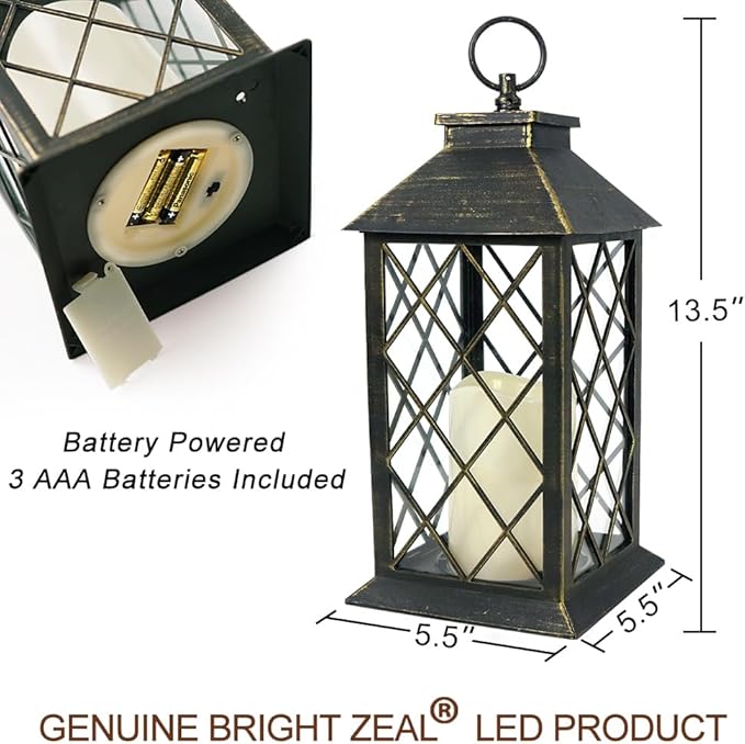 Bright Zeal 2-Pack 13.5" Vintage Candle Lantern with LED Candle (Distressed Gold, 6hr Timer) - IP44 Waterproof Outdoor Hanging Lanterns Battery Powered - Tabletop Lantern Decorative Home Lanterns