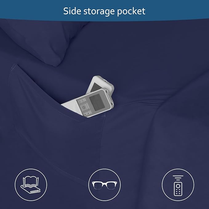 Queen Sheet Set for Air Mattress - Sheets Queen Size Bed Set - 3Pcs Side Storage Pocket Fitted Sheet & Pillowcases Easily Fits 16in to 24in Pillow Top Air Bed Mattress - Navy Blue