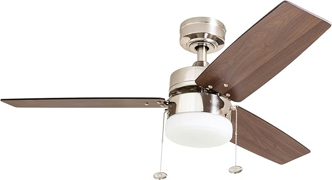 Prominence Home Reston, 42 Inch Modern Farmhouse LED Ceiling Fan with Light, Pull Chain, Dual Mounting Options, Dual Finish Blades, Reversible Motor - 51014-01 (Brushed Nickel)