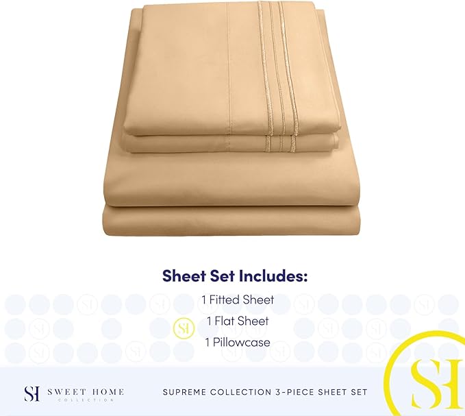 Twin Sheets - Breathable Luxury Sheets with Full Elastic & Secure Corner Straps Built In - 1800 Supreme Collection Extra Soft Deep Pocket Bedding Set, Sheet Set, Twin, Camel