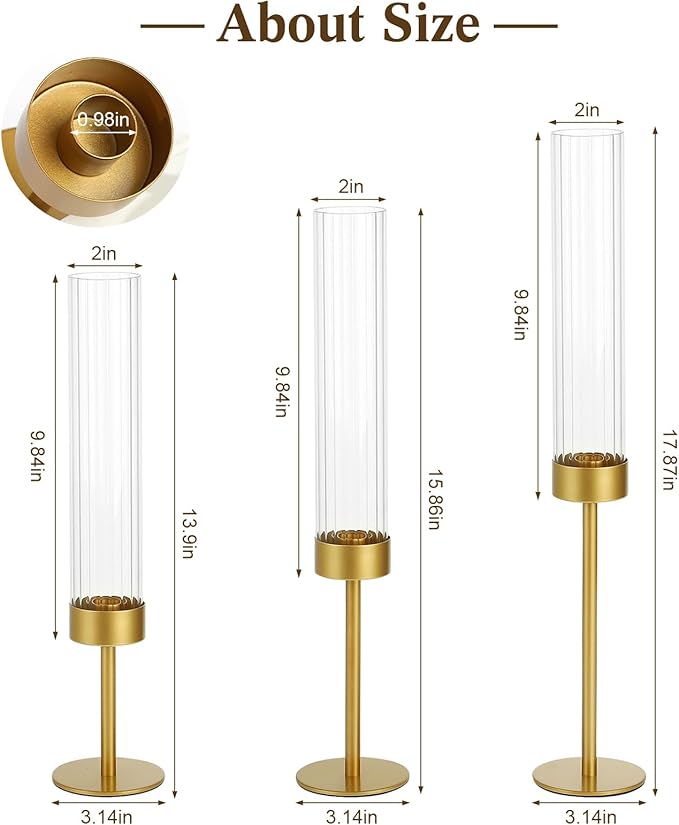 Glass Hurricane Candle Holders Set (3pcs)-Gold Metal Base Taper Candle Stick Holders for Candlesticks Holder Decor, Elegant Dining Table Centerpiece for Wedding, Christmas & Home Decor-Ribbed Glass