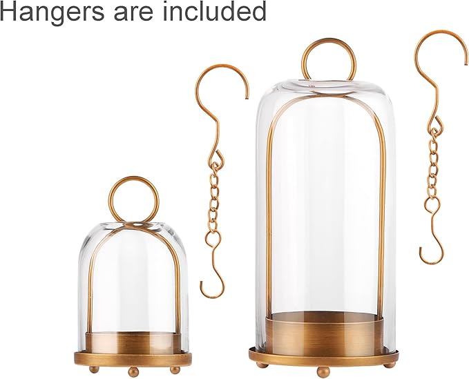 5" & 4" Wide Versatile Metal Candle Holder with Handmade Sturdy Glass Dome in Brass for Pillar Candle & Plants, 5.1" xH11.8 4" xH7.5, Industrial, Farmhouse, Shabby Chic. (2, Brass, Large & Small)