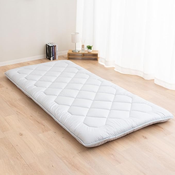 EMOOR Japanese Floor Futon Mattress Anti-Sag Small-Twin Made in Japan 100% Cotton Chip Foam Gray, Shikibuton Foldable Sleeping Bed Tatami Mat
