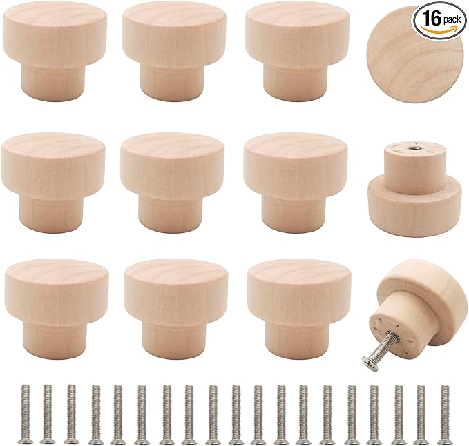 16PCS Wood Knobs Flat Top Round Cabinet Knobs 1.39"(35mm) Unfinished Wooden Dresser Drawer Pulls Kitchen Cabinet Handles