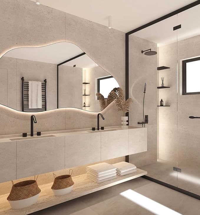 Asymmetrical Bathroom LED Mirror, Modern Irregular Shape Wall Mirror with LED Lights, Frameless Aesthetic Backlit LED Illimunated Vanity Mirror (60" x 30" inc)
