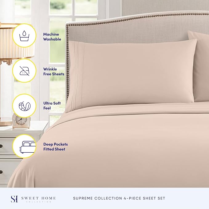 RV Queen Bed Sheets - Breathable Luxury Sheets with Full Elastic & Secure Corner Straps Built In - 1800 Supreme Collection Extra Soft Deep Pocket Bedding Set, Sheet Set, RV Short Queen, Beige