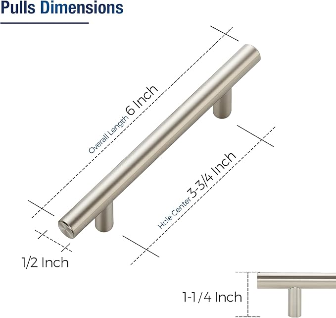 JOY DECOR 60 Pack Cabinet Handles, Brushed Nickel Cabinet Pulls, 3-3/4 in Hole Center Kitchen Cabinet Handles, Stainless Steel T Bar Handles for Dresser Drawers