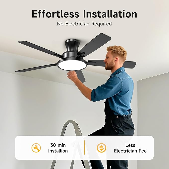 TALOYA Ceiling Fans with Lights and Remote, 52 inch Low Profile Ceiling Fan with Nightlight, Flush Mount, Reversible, 3CCT, Dimmable Black Modern Ceiling Fan for Bedroom, Living Room, Outdoor Patio