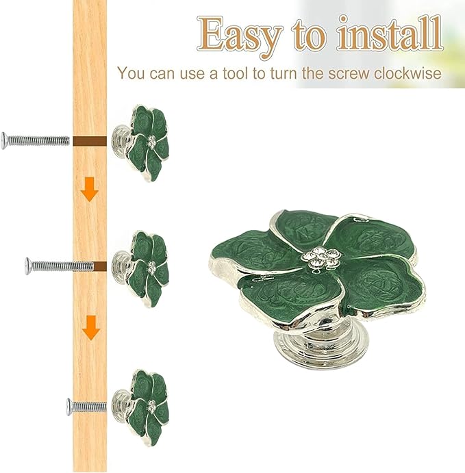 4 White Flower Petal Handles Kitchen Cabinet Drawer Knobs & Pulls (Green Screws)
