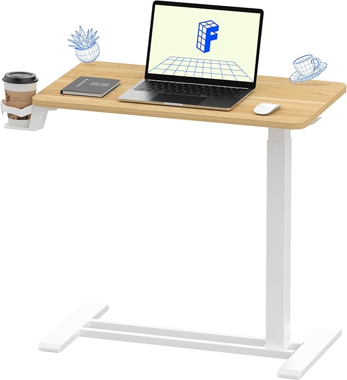 FLEXISPOT H7 Adjustable Overbed Bedside Table with Wheels Pneumatic Mobile Standing Desk Laptop Desk Rolling Computer Cart Movable Overbed Table Hospital Home Use(27.6" W x 15.7" D, Maple Table)