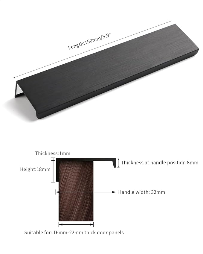 5 Pack Adhesive Cabinet pulls 6 inch Stick on Handles Black Finger pulls for cabinets Finger pulls Adhesive Drawer pulls Edge for Concealed Seam Handles Flat
